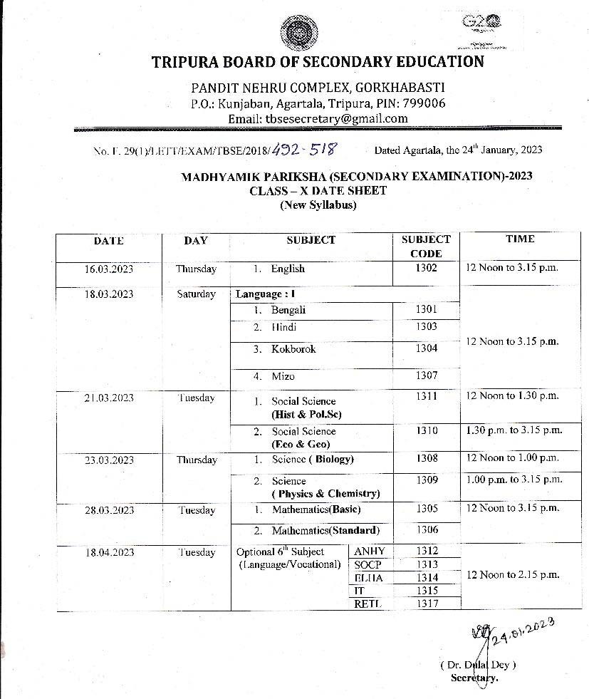 TBSE Madhyamik Routine 2024 Download Programme Tripura Board 10th